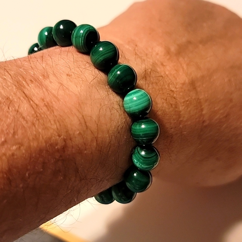 10.2mm Unisex Natural Green Malachite Crystal Gemstone Round Beaded Bracelet NWT